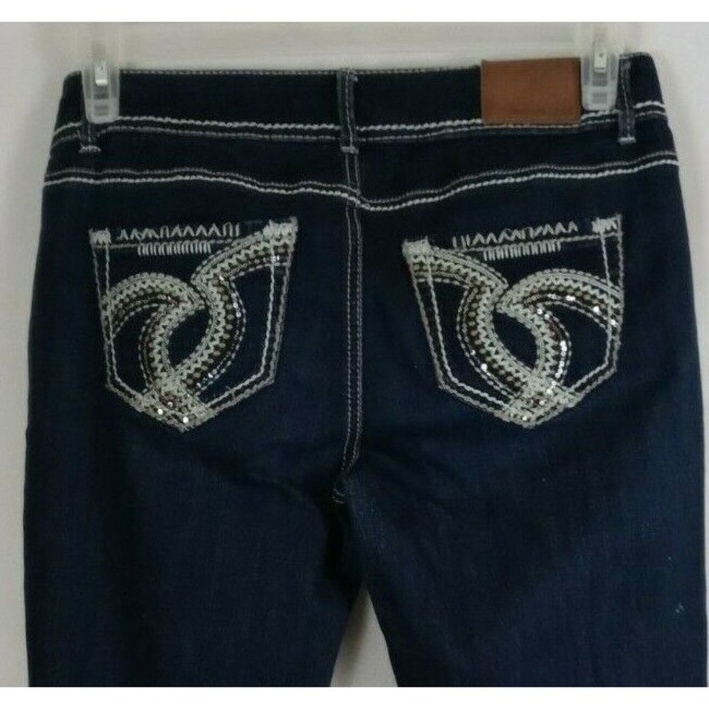 Maurices Women's Distressed Ripped Sequined Thick Stitched Bootcut Jeans Sz 7/8